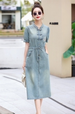 新中式G风牛仔连衣裙女2026夏季款时尚洋气薄款收腰显瘦短袖裙子，女装连衣裙，意芙