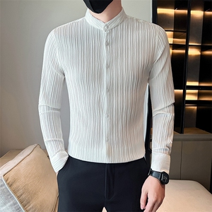 秋季社会小伙男士修身纯色立领店主风长袖衬衫 301A-1/C01/P55图片