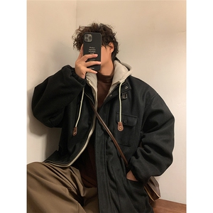 EQ158 冬季新款港风日系毛呢大衣假两件加厚连帽棉服棉衣外套P145图片