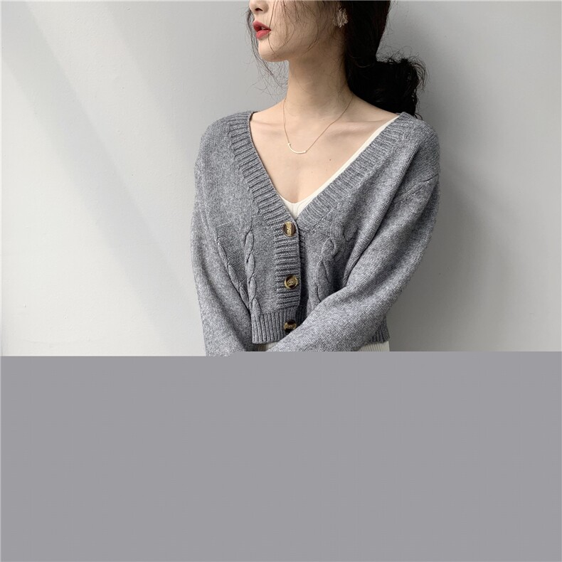 时尚V领扭花短款开衫显瘦百搭针织毛衣外套,针织衫/毛衣,鑫之绒