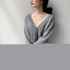 时尚V领扭花短款开衫显瘦百搭针织毛衣外套，女装针织衫/毛衣，鑫之绒