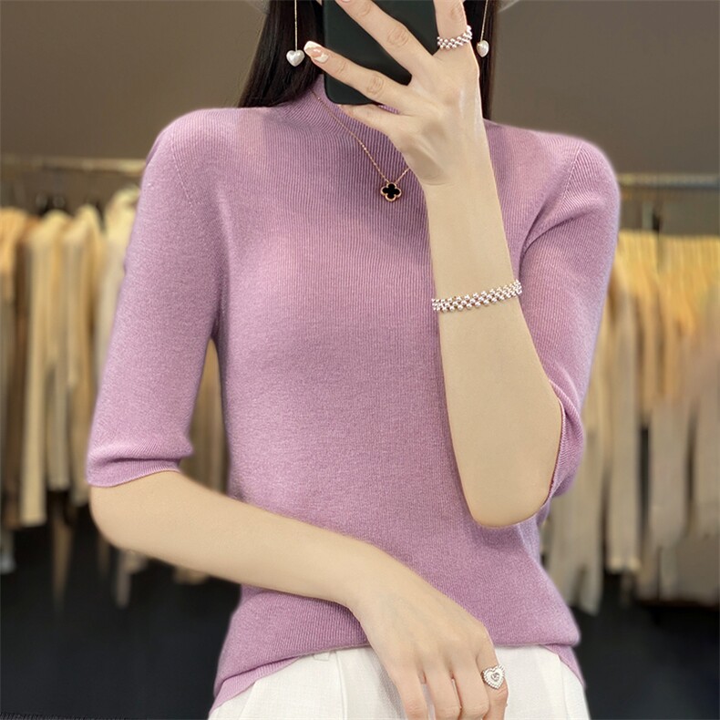 无缝半高领五分袖针织打底衫女T恤2025春秋新款精仿细毛半袖毛衣,针织衫/毛衣,暖烁特种纱工厂店