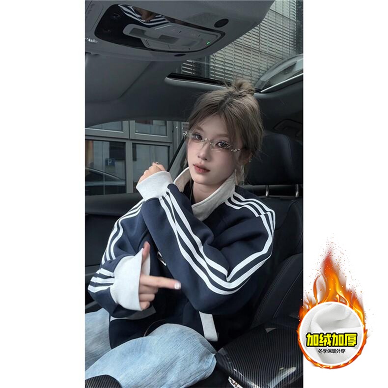480G重磅加绒硬挺boxy男女秋冬美式高街拼接织带翻领卫衣夹克外套,男装夹克,电商A486