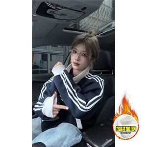 480G重磅加绒硬挺boxy男女秋冬美式高街拼接织带翻领卫衣夹克外套图片