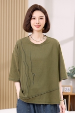 精疏棉妈妈t恤短袖绣花短袖2025新款夏宽松中老年女士50多岁上衣，女装T恤，叶笙衣