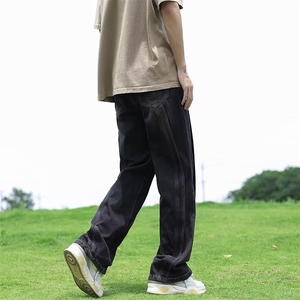 美式复古ins高级感拼接夏秋牛仔裤男宽松高街阔腿垂感直筒裤长裤