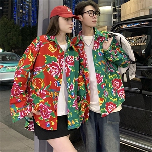 PC203情侣休闲东北大花拼接长袖衬衫外套男女宽松寸衣汉服演出服图片