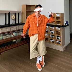 网图-美式潮牌复古橙色长袖格子衬衫多巴胺穿搭 9155-P55图片