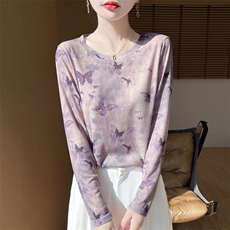 花色圆领新款针织吊带女长袖简约百搭宽松套头上衣，女装针织衫/毛衣，绒宛羊绒