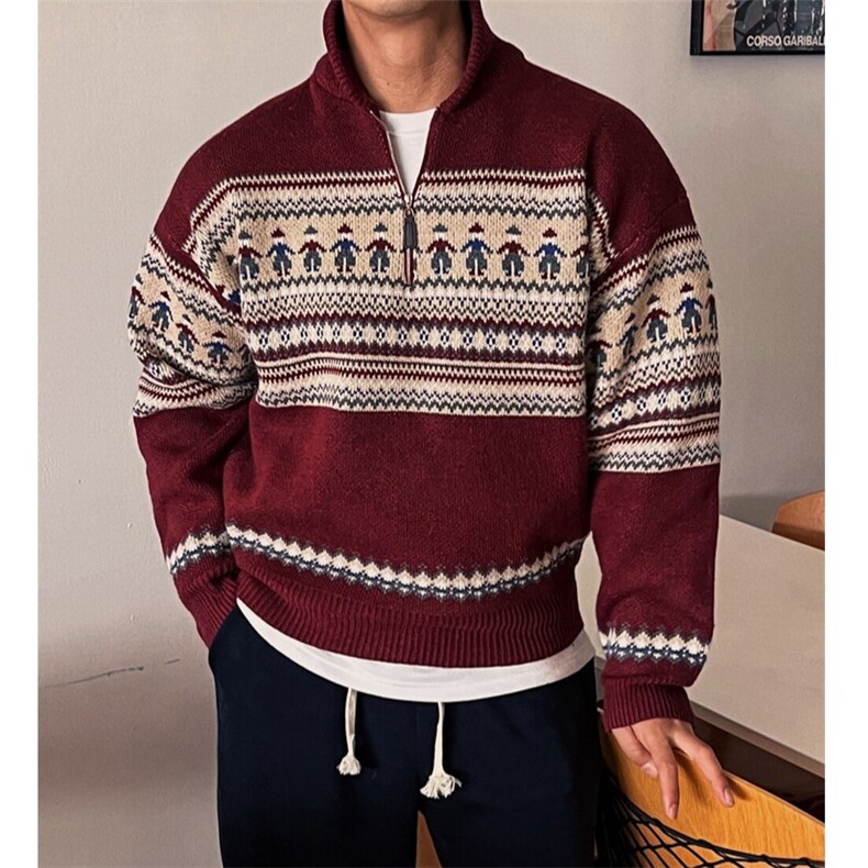 Cleanfit美式复古费尔岛提花拉链POLO领毛衣新年圣诞红翻领针织衫,男装针织衫/毛衣,星座715-4