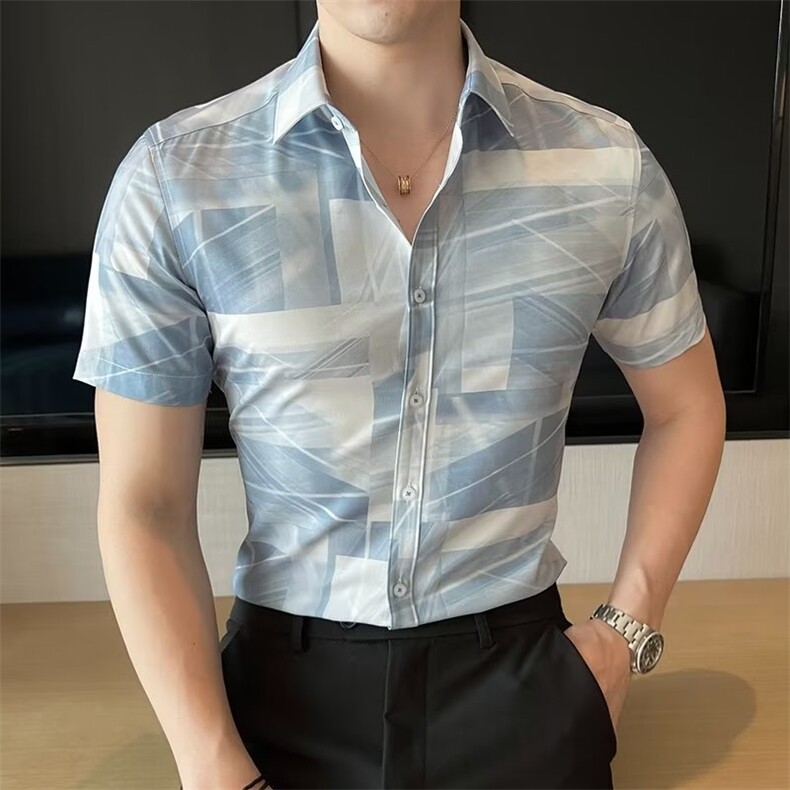 跨境美式高质量弹力绅士短袖衬衫短袖衬衫D010310B-1P45,男装T恤,星座310B-1