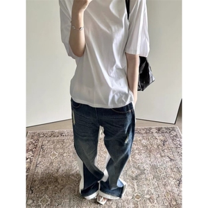 美式复古水洗双层拼接白底牛仔裤街头直筒宽松显瘦阔腿长裤子潮图片