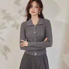 时尚修身羊毛菱形扣坑条POLO领开衫，女装羊毛衫，泰沅羊绒