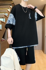 TZ25301-P55夏季休闲T恤短裤男两件套港风学生宽松短袖运动套装，男装牛仔裤，电商D310B