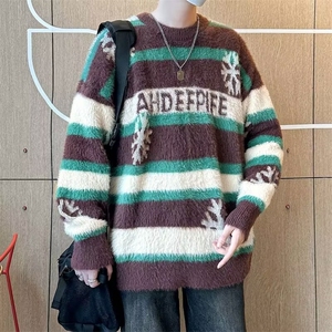 软糯温柔粉色条纹慵懒风毛衣男女宽松复古ins甜辣针织衫 M5673图片