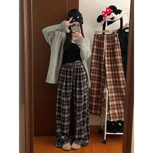 AK2426-p45 美式复古格子直筒阔腿裤女春季2026新款高腰宽松长裤图片