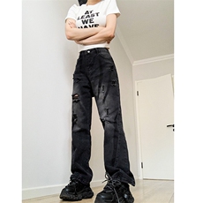 B221美式ins高街小众个性男女破洞牛仔裤LK23001-P65控88，男装牛仔裤，电商B221