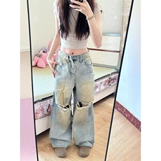 破洞牛仔裤2025新款春夏款美式复古水洗做旧直筒阔腿宽松脏脏裤，男装牛仔裤，星座601-1
