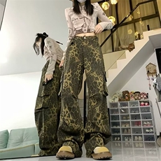 现货豹纹牛仔裤男女同款新款美式高街设计感小众宽松直筒休闲，男装牛仔裤，星座218-1（原230）