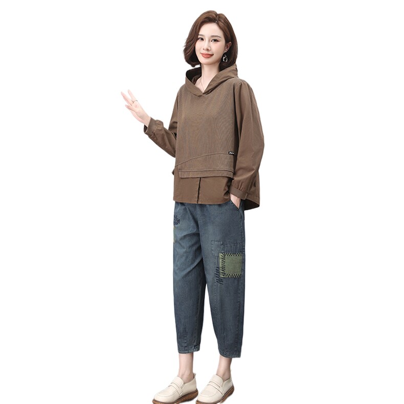 时尚休闲女装套装宽松显瘦长袖上衣+牛仔裤两件套舒适百搭日常穿搭,女装套装/套裙,叶笙衣
