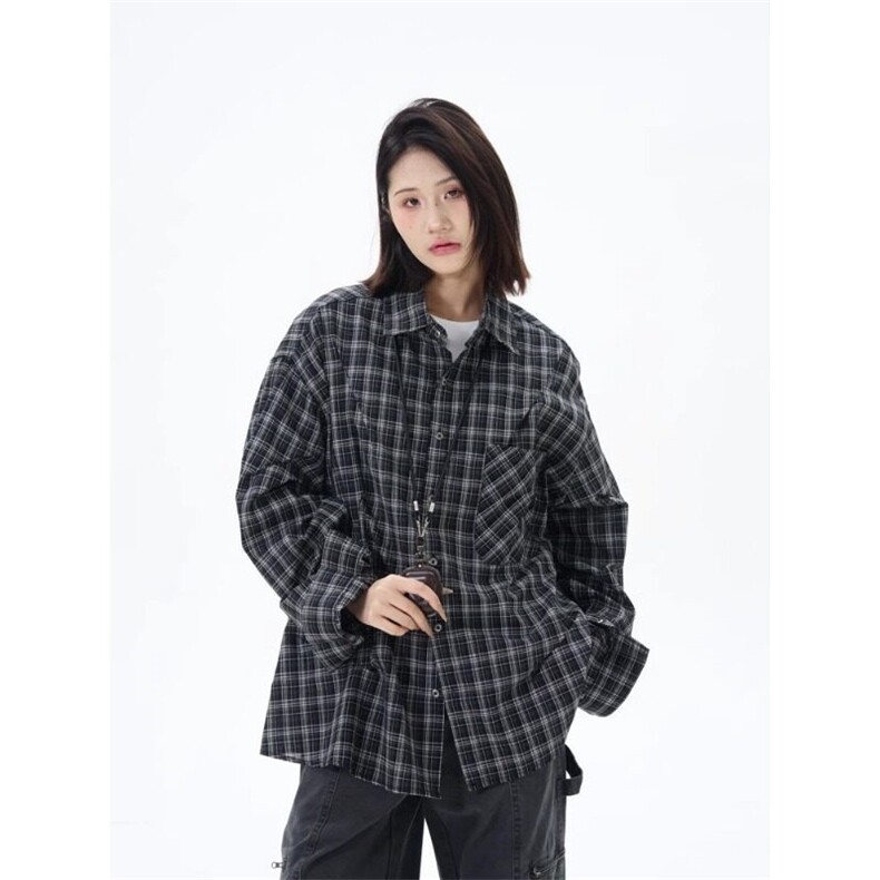 W9552-P50 网图现货 日系复古长袖格子衬衫宽松休闲潮牌衬衣外套图片