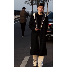 可拆卸~假两件卫衣连帽毛呢大衣男垫肩过膝长款风衣外套Y979-P138，男装风衣，星座1004-3