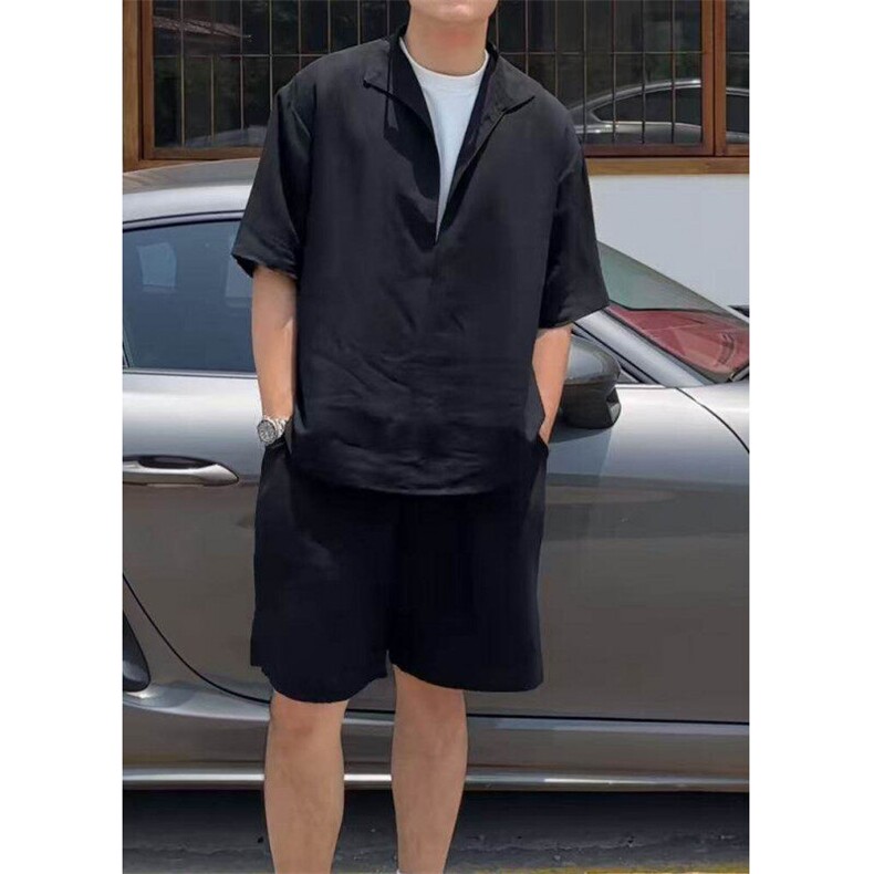 老钱风亚麻莱赛尔短袖衬衫男夏季潮牌复古假两件衬衣速干凉感半袖,男装休闲套装,电商A061