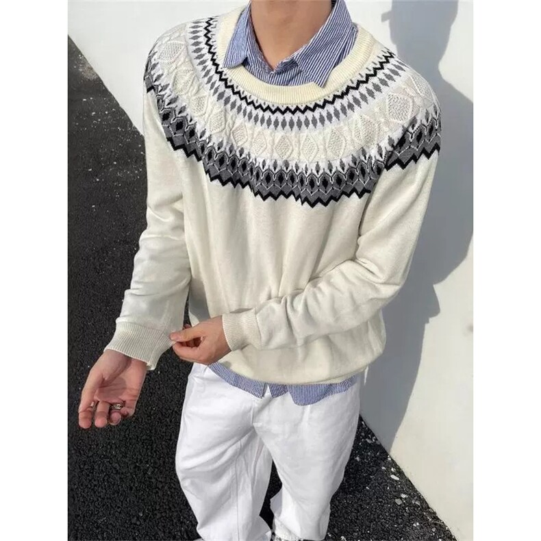 网图有货费尔岛提花针织圆领宽松民族风情侣毛衣男女A988-P52,男装针织衫/毛衣,星座1505