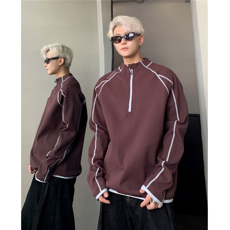 户外骑行服半拉链长袖T恤男秋季明线撞色上衣跑步运动打底衫,男装T恤,电商C307
