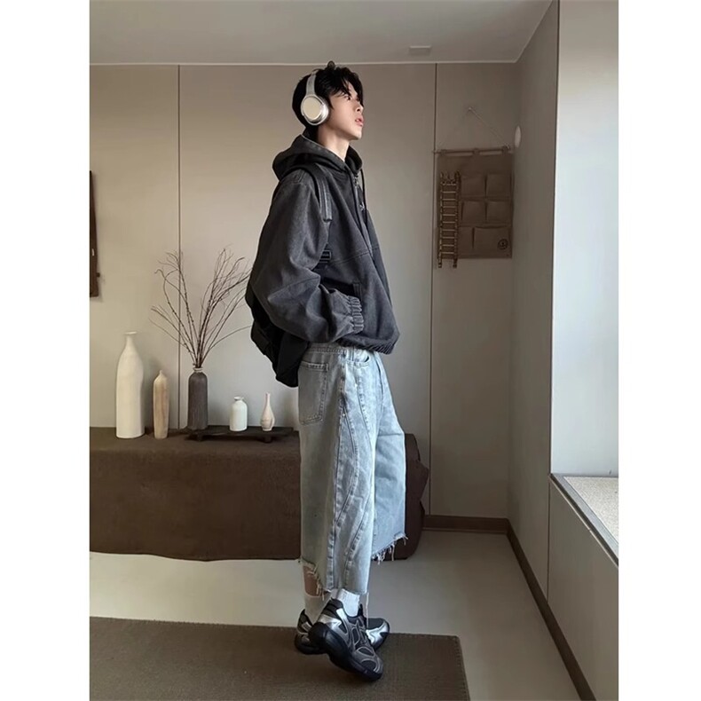 高腰显瘦直筒裙下摆不规则磨破洞设计前开叉个性时尚半身裙牛仔裙,男装休闲裤,四季星座505