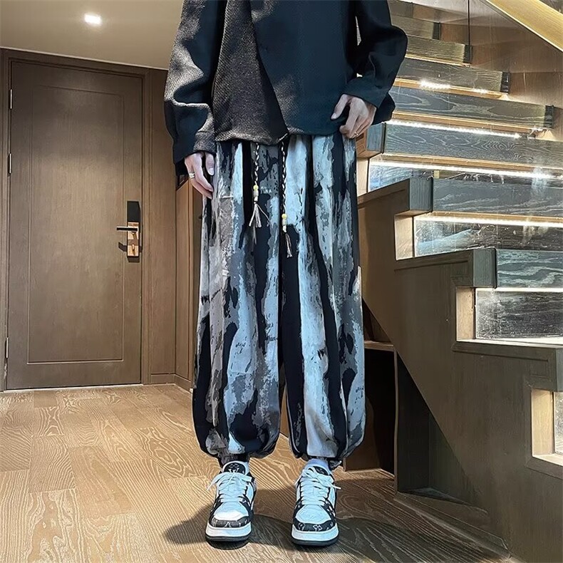 青少年宽松腰休闲裤直筒潮新中式风扎染水墨纹灯笼裤垂感X902,男装休闲裤,星座506