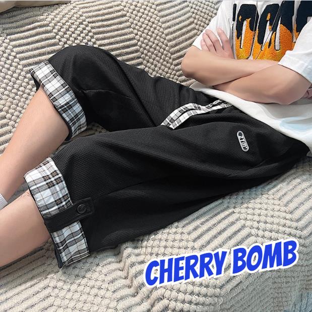 华夫格翻边搭扣格子短裤男休闲裤夏季七分裤宽松直筒裤k27309B-3,男装牛仔裤,星座310B-1