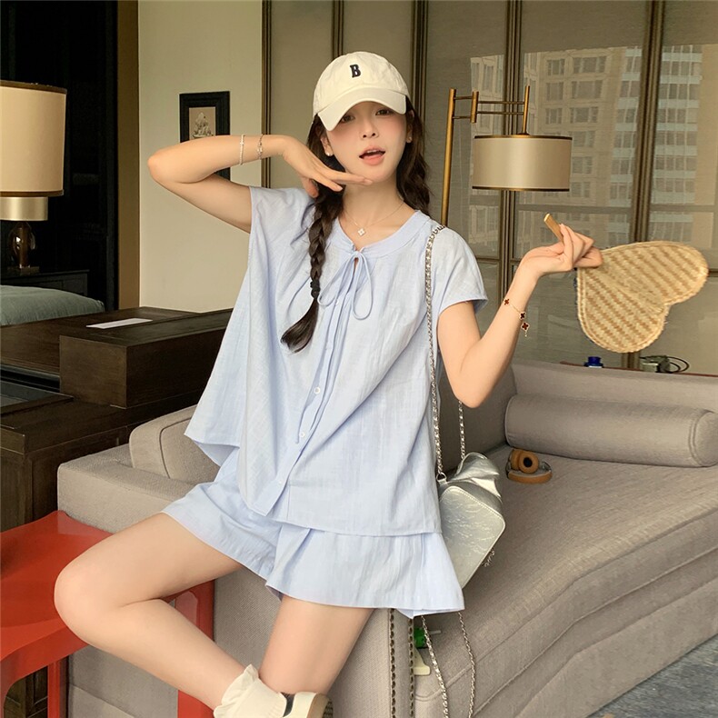 小清新工装马甲套装女2025年夏季超好看浅蓝色休闲衬衫短裤两件套,女装套装/套裙,2C090
