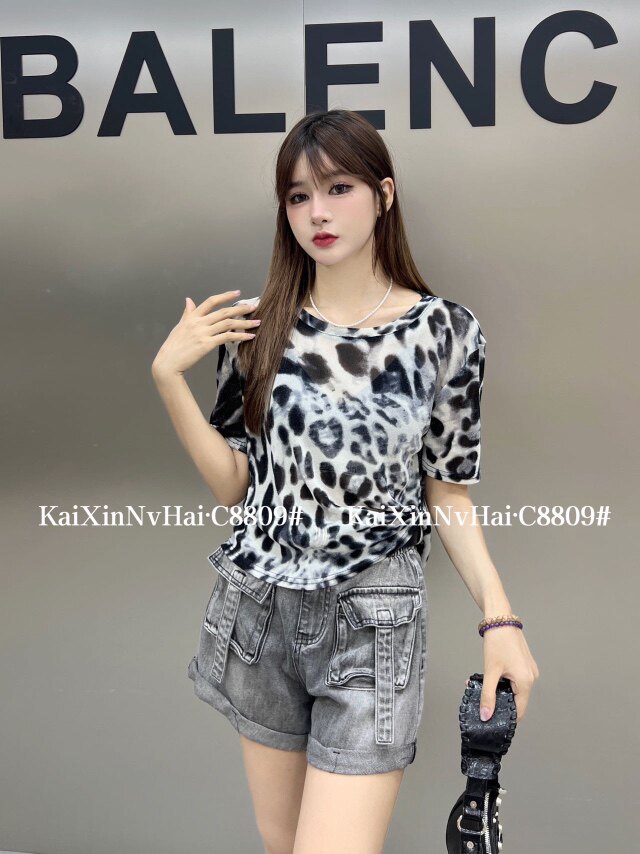 超弹网纱夏季薄款晕染可两穿带扣短袖上衣,女装T恤,东正羊绒