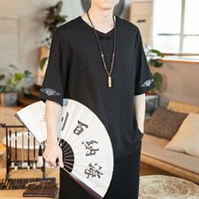 夏新款亚麻竹节棉麻短袖中国风盘扣祥云刺绣五分袖大码T恤T511，男装T恤，电商A021A
