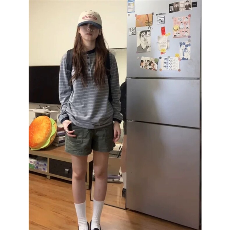 网图有货品质美式灰色亨利领条纹长袖宽松上衣T恤男女A941-P45,男装T恤,星座1505