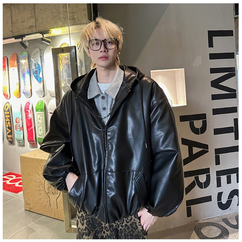 pu皮质连帽衣棉服男士冬季新款加厚保暖外套男-M8008-P105,男装皮衣,电商A006