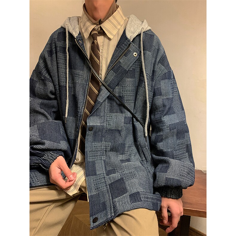 JK6007/P80加棉P90冬装港风牛仔连帽格子夹克男大码外套棉衣男,男装夹克,电商A141