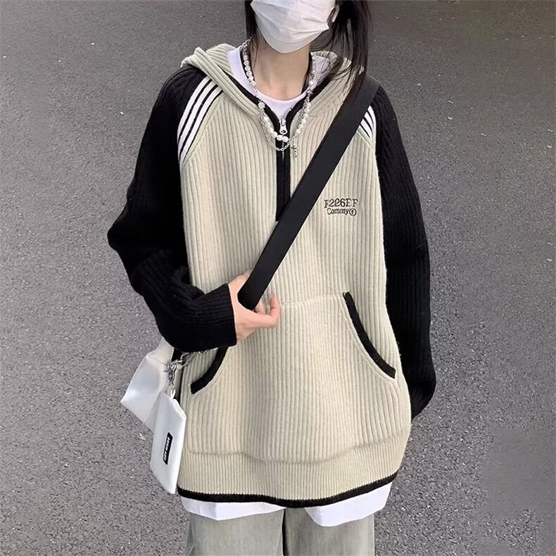 778-P55潮牌拼色毛衣女秋冬季美式复古百搭宽松半开拉链针织衫，男装针织衫/毛衣，电商B323A