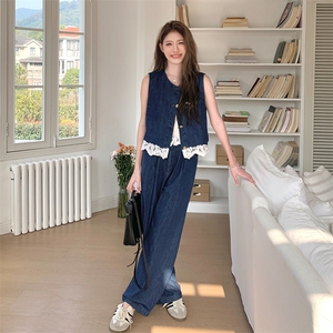 蕾丝拼接牛仔马甲套装女2025夏季新款小个子流行超火阔腿裤两件套图片