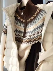 2026年秋季时尚百搭通勤简约休闲费尔岛半拉链套头长袖,女装针织衫/毛衣,北娇羊绒, 2026年秋季时尚百搭通勤简约休闲费尔岛半拉链套头长袖,女装针织衫/毛衣,北娇羊绒,