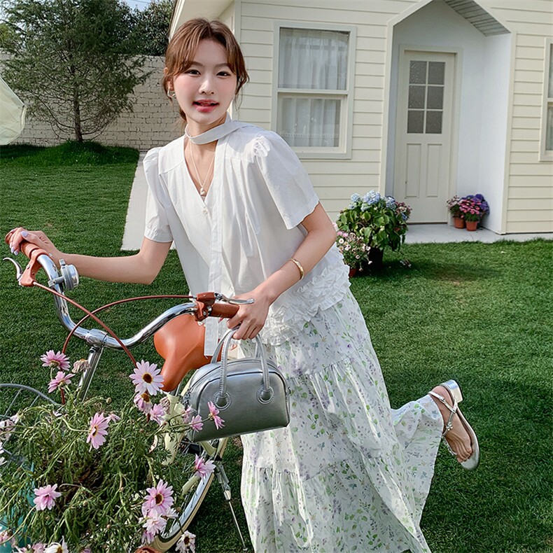 韩版温柔系甜美休闲衬衫套装女2025夏季新款显瘦碎花半身裙两件套,女装套装/套裙,浙宝305