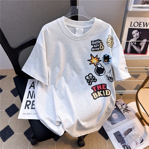 美式街头潮酷爆炸刺绣短袖T恤男女夏季设计感徽章宽松打底衫上衣图片