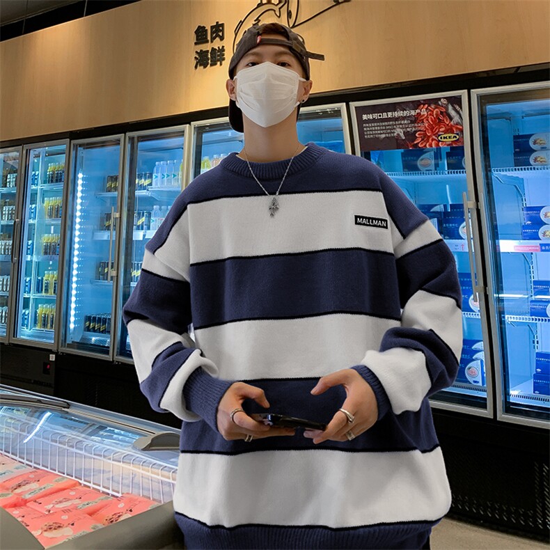 条纹撞色毛衣男秋冬季新款日系复古慵懒风宽松针织衫M1602-P48,男装针织衫/毛衣,星座512-4