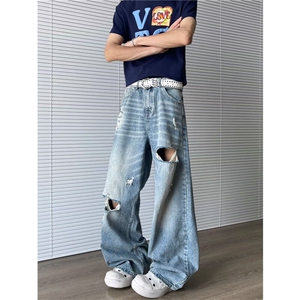 2025新款做旧水洗破洞牛仔裤男女阔腿拖地长裤破烂现货K8553-P47图片