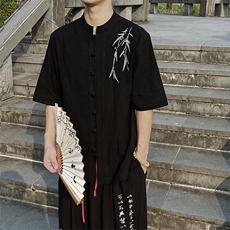 棉麻新中式风刺绣五分袖短袖衬衫复古盘扣MT2308-P65，男装T恤，电商A021