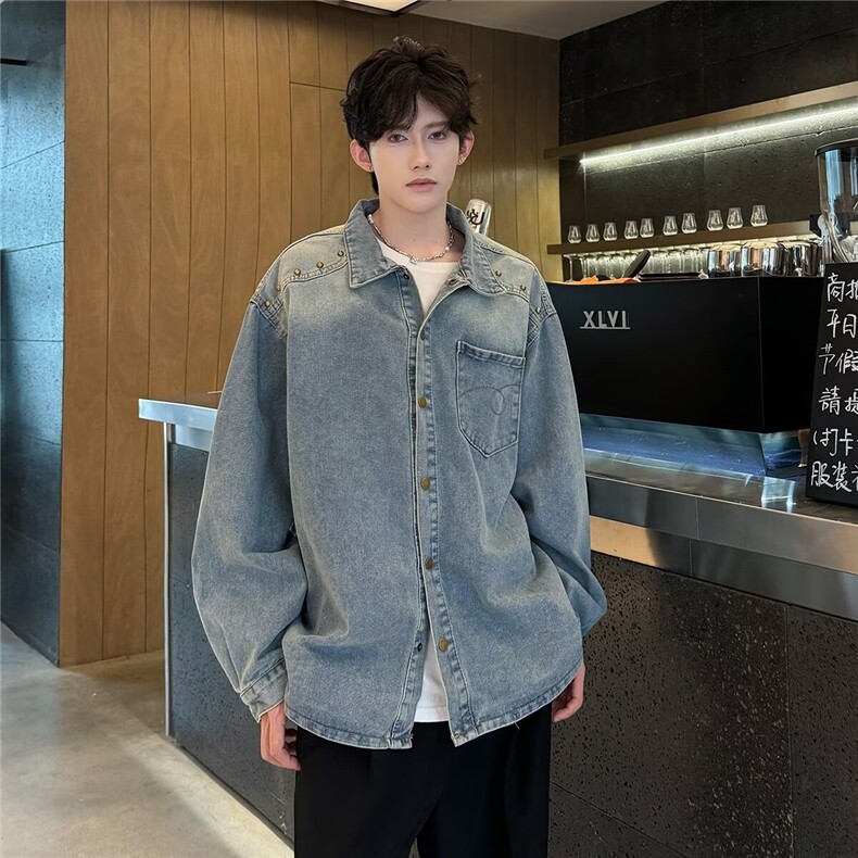 复古水洗扎染柳钉牛仔衬衫男款痞帅宽松长袖做旧衬衣外穿2559P57,男装衬衫,星座410-2