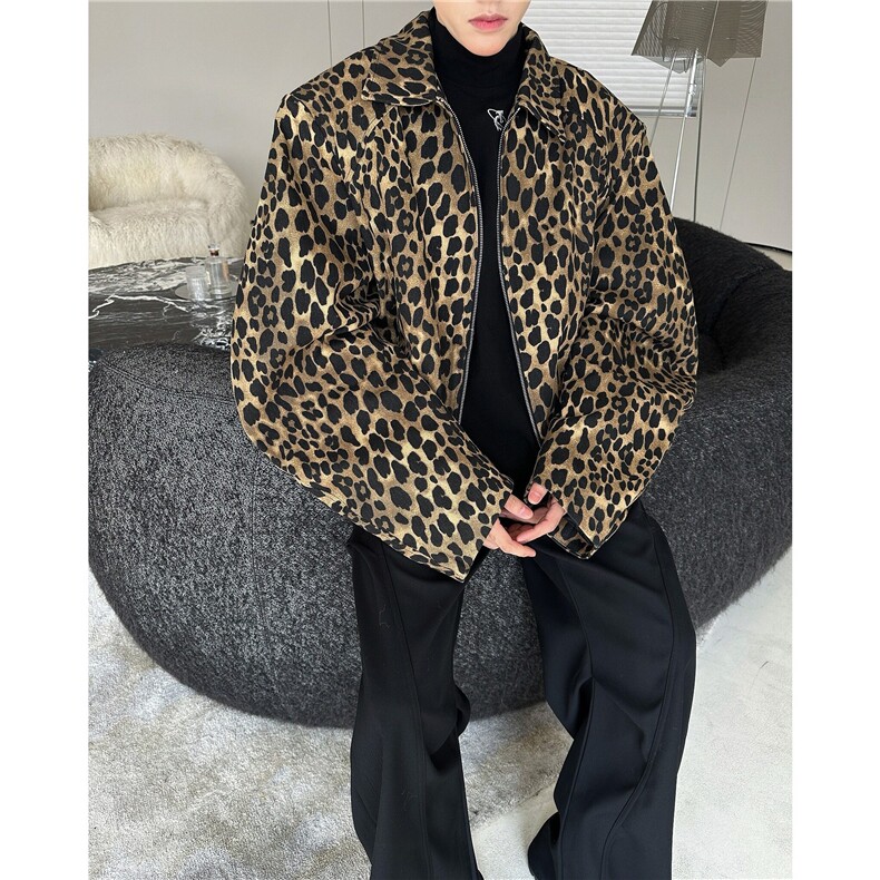 美式豹纹夹克男2025春季新款小众欧美设计感宽松外套W6290-P77图片