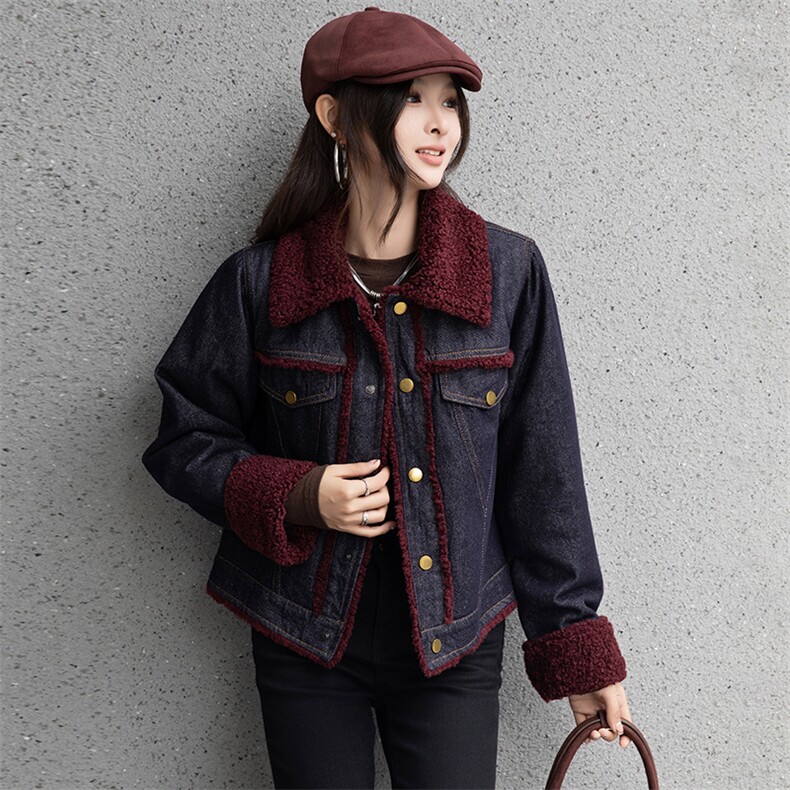 现货复古羊羔毛棉衣外套女2024冬新款韩版时髦加绒加厚牛仔棉服，女装牛仔外套，美拉德工厂直营店