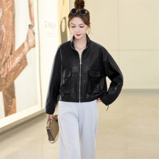 欧货立领皮衣外套女2025春秋新款小个子休闲宽松百搭机车夹克上衣，女装皮衣，美拉德工厂直营店
